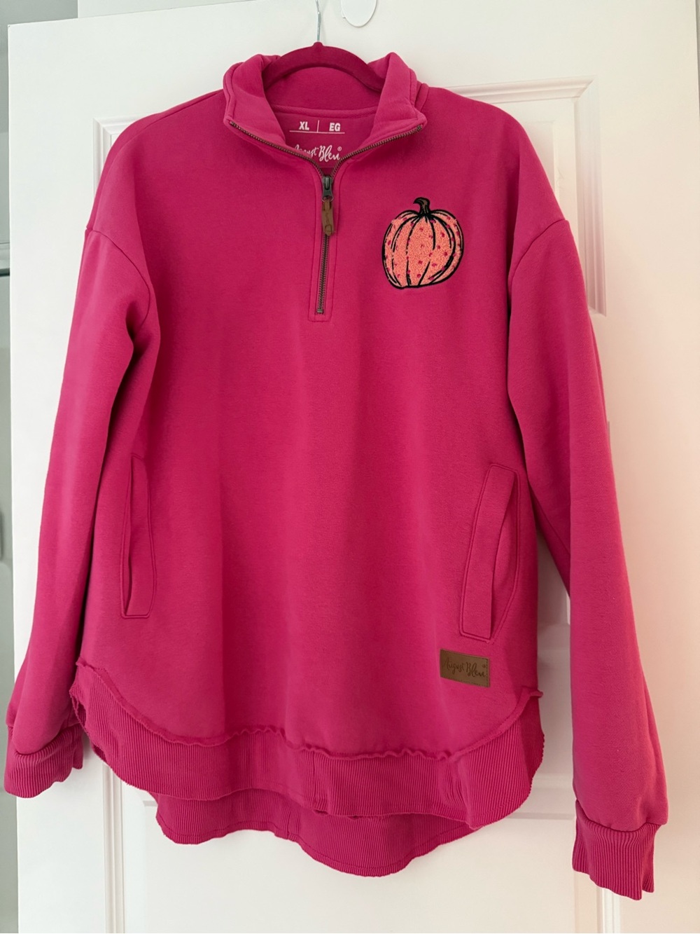 Women's Fuchsia Quarter-Zip Pullover Jacket with Pumpkin Applique
